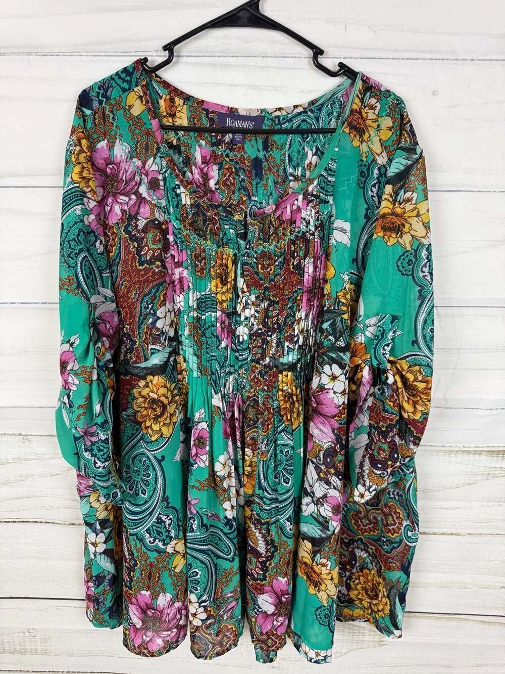 Roaman's Women's Plus Size Tara Pleated Shirt Adjustable 3/4 Sleeve Swing 28 W